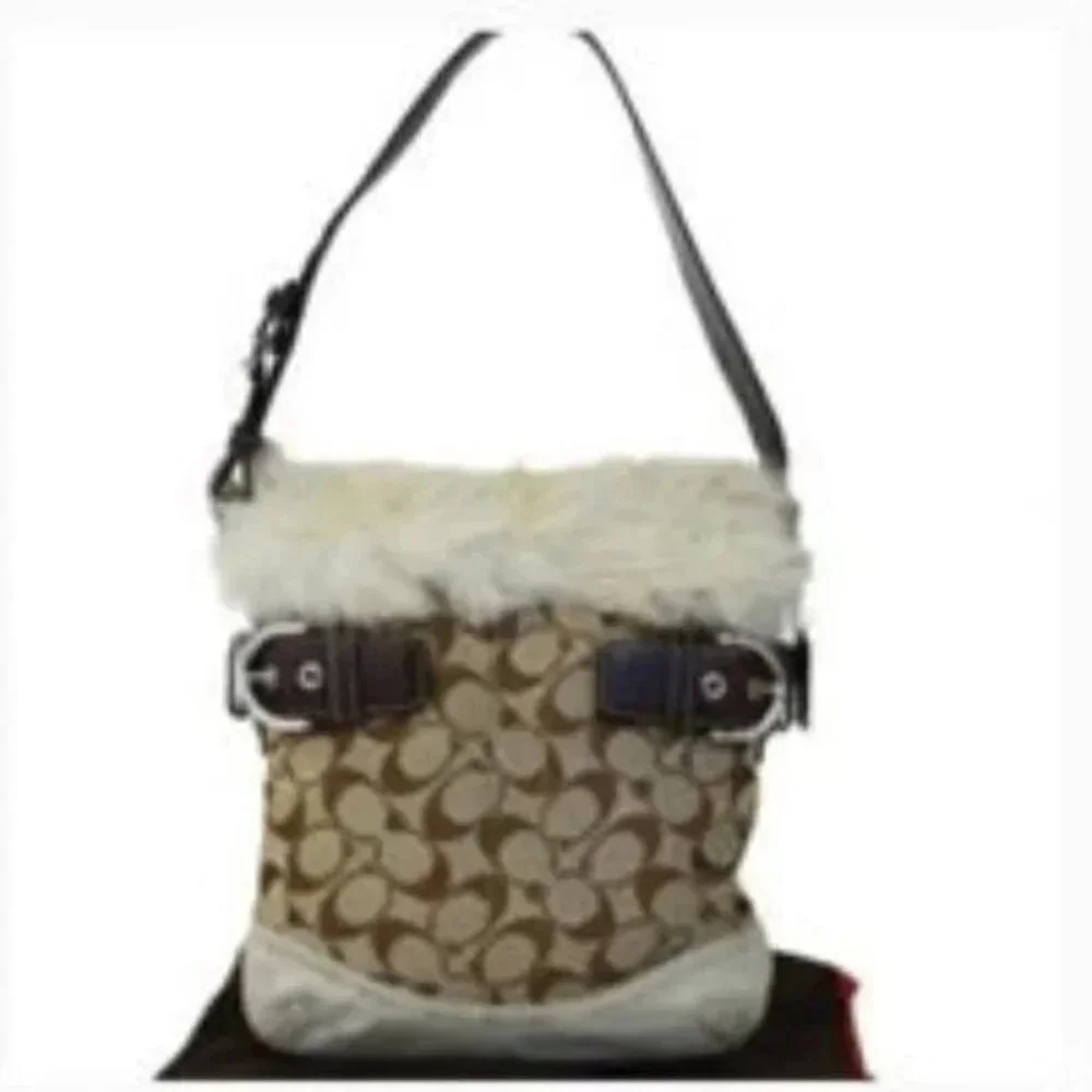 Euc Coach Signature Canvas Shearling Duffle Khaki Handbag Tote Bag Purse